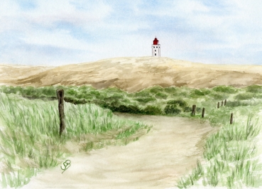 Postkarte DIN-A6 Aquarell Maritim Kunst Druck Kunstdruck Nordsee Dänemark Danmark Leuchtturm Rubjerg Knude Düne Blokhus Lokken Sonnenuntergang